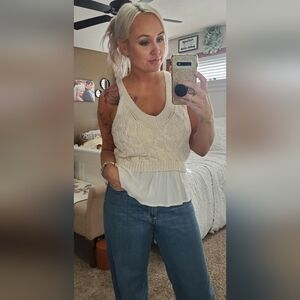 ANTHROPOLOGIE Cottagecore Ivory Twofer Cable-Knit Sweater Tank Size Medium $98